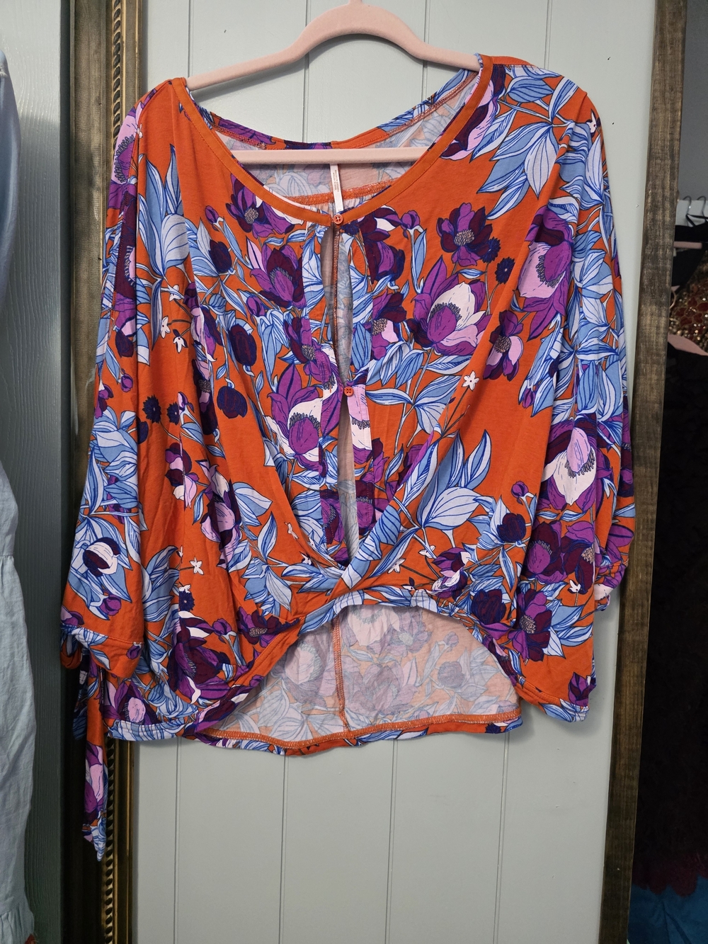 Free People Orange Floral Twist-Front Blouse